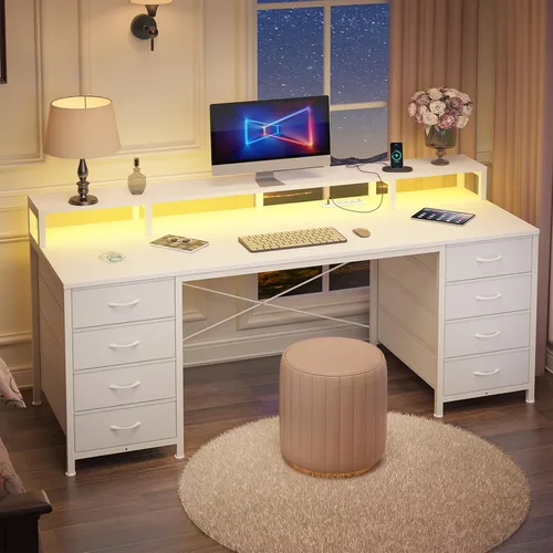 Vista 21 de YOMILUVE Escritorio para computadora de 50 pulgadas con 8 cajones, escritorio para oficina en casa con tomas de corriente, escritorio de trabajo