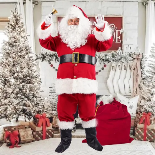 Vista 7 de Disfraz de Papá Noel para hombre, traje de Papá Noel para adultos, 11 piezas, profesional, talla grande, traje de Navidad para fiestas de Navidad