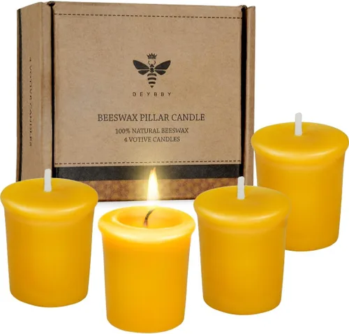 Vista 6 de Velas votivas de cera de abeja pura, paquete de 4 votivas naturales para decoración del hogar, habitación, fiesta, boda, spa, 12 horas de combustión