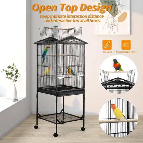 Vista 3 de WeGear Jaula para pájaros de hierro forjado de 47 pulgadas con tapa abierta y soporte rodante, jaula para pájaros mediana y pequeña para loros