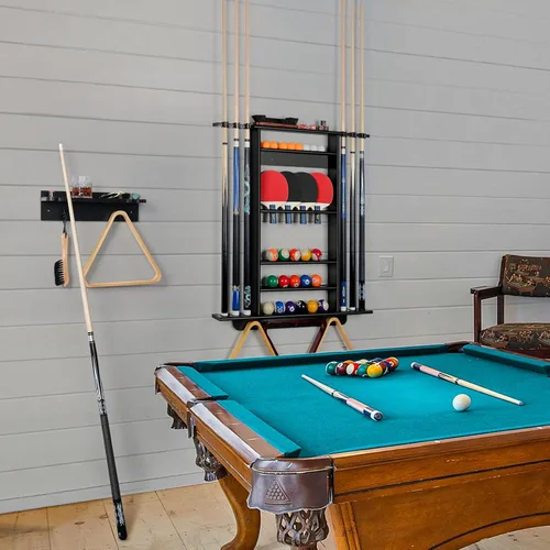 Vista 8 de XCSOURCE - Estante de pared para taco de piscina con soporte para bebidas y almacenamiento de bolas