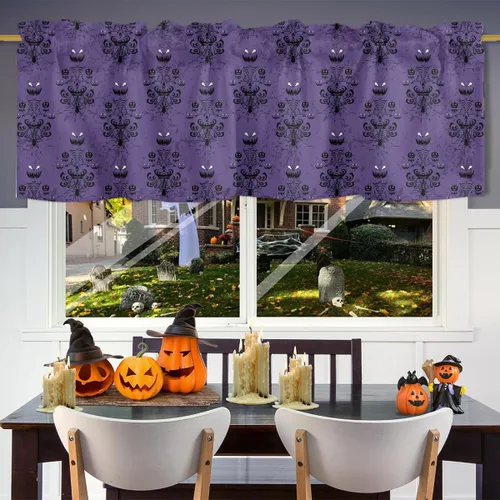 Vista 3 de [Usado] Cortinas de cocina de Halloween para ventanas, cenefas moradas de fantasma, mansión encantada para cafetería, baño, sala de estar, 1 panel