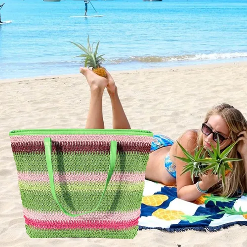 Vista 63 de Bolso grande de paja para mujer, tejido de ratán, bolso de playa de verano, a rayas