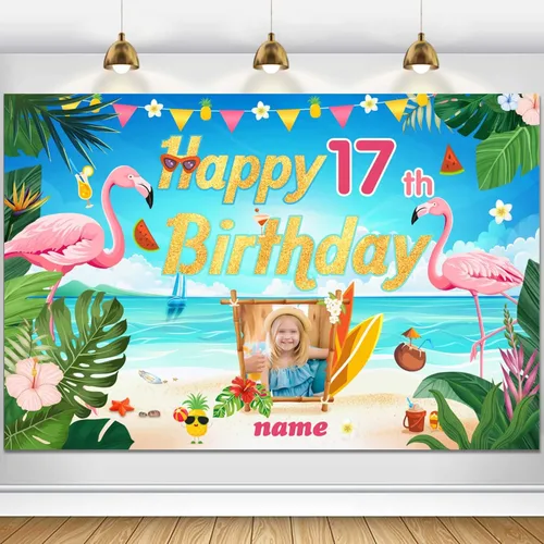 Vista 121 de Cartel de decoración de feliz cumpleaños número 100 personalizable con flamencos, playa, trópicos, Hawái y tema de verano, tamaños grandes
