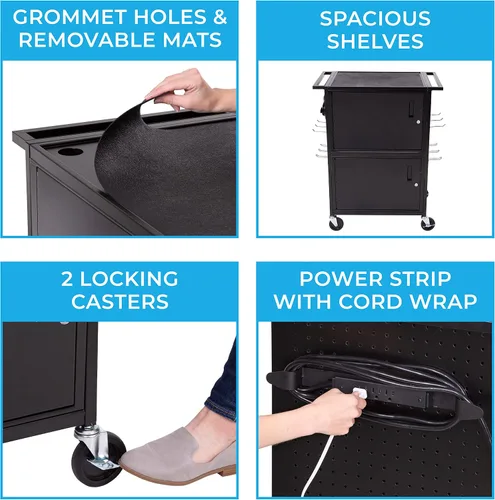 Vista 4 de Line Leader Stellar - Carrito de computadora con tablero de clavijas y ganchos personalizables, armarios de doble bloqueo, alimentación certificada