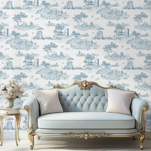 Vista 4 de WENMER Toile de Jouy - Papel de contacto Toile de Jouy, papel tapiz azul y blanco, papel adhesivo vintage de país francés para dormitorio, sala
