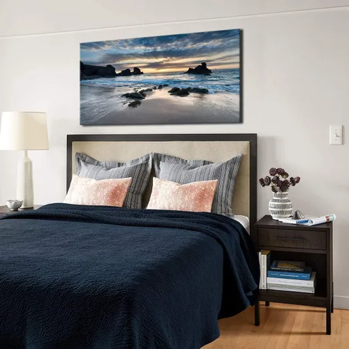 Vista 6 de Decoración de pared para sala de estar, lienzo impreso en lienzo con diseño de amanecer por la mañana en la playa, cuadro de paisaje azul