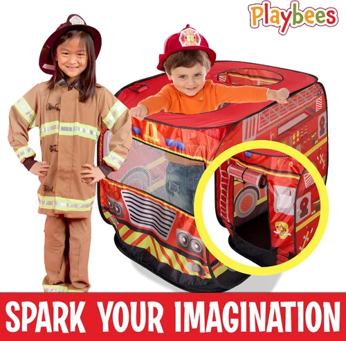Vista 5 de Playbees Tienda de Campaña Musical Emergente de Camión de Bomberos con 3 Aberturas - Tienda de Juego de Rol de Bombero - Sirenas y Sonidos