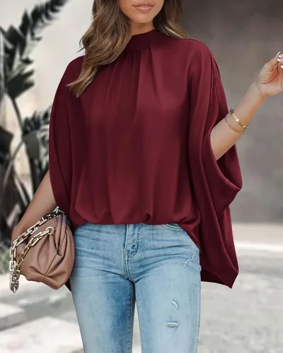Vista 111 de BTFBM Blusas de verano para mujer, cuello alto falso, manga murciélago, holgadas, dobladillo alto y bajo, blusas informales de gran