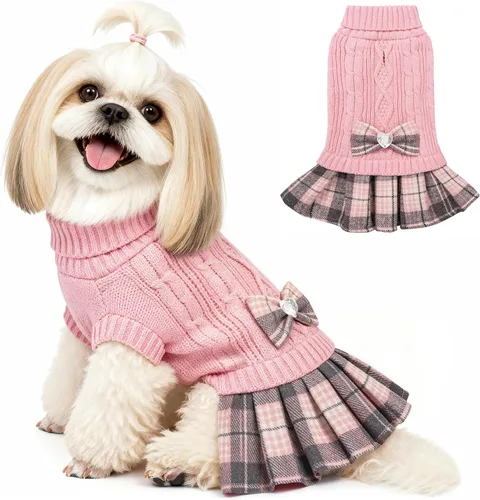 Vista 18 de YUDODO Small Dog Sweater Dress with Bowtie Turtleneck - Knitted Pet Clothes Dusty Pink