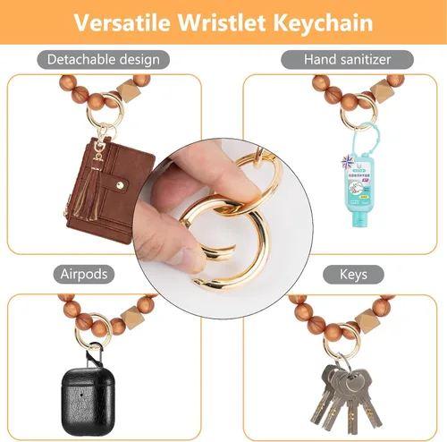 Vista 5 de KNGITRYI Cartera llavero pulsera para mujer, delgado RFID tarjeta de crédito, monedero, borla llavero brazalete para hombres y mujeres, Marrón, Rfid
