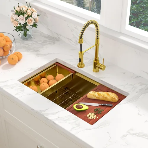 Vista 9 de Sarlai Fregadero de cocina empotrado de 30 pulgadas dorado - Fregadero de cocina de 76,2 cm x 45,7 cm con repisa para estación de trabajo de acero