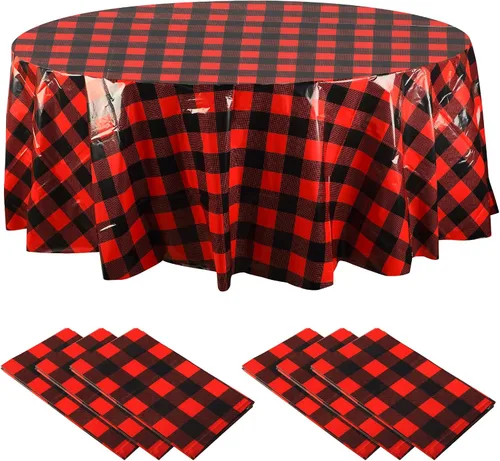 Vista 18 de Remagr Mantel Desechable de Cuadros Redondo de Plástico Buffalo Plaid Mantel de Mesa de 84'' Cubierta de Mesa Gingham para Picnic Camping BBQ Fiesta