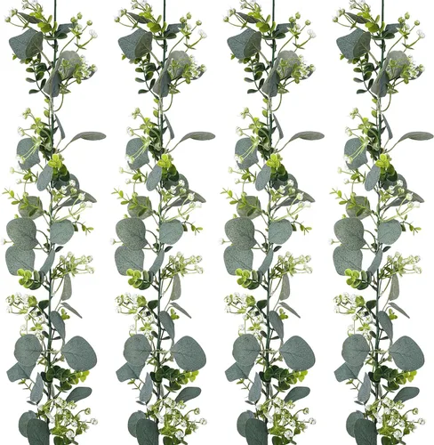 Vista 12 de Paquete de 8 guirnaldas artificiales de eucalipto, plantas colgantes de hojas verdes artificiales, vides de eucalipto para decoración de telón