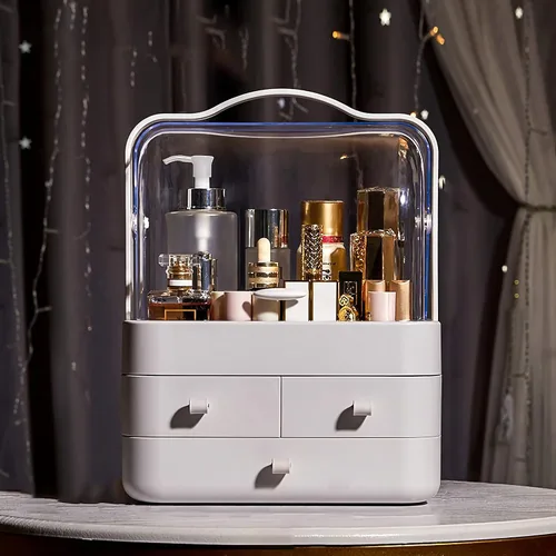 Vista 5 de Organizador de maquillaje grande con soporte para pinceles, organizador de cuidado de la piel impermeable y a prueba de polvo con tapa y cajones