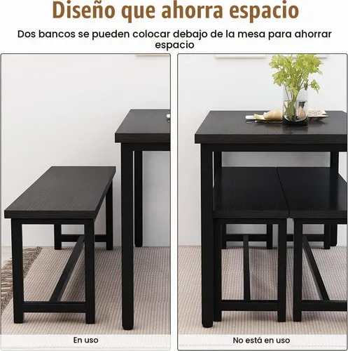 Vista 6 de Juego de mesa de comedor con 2 bancos, juego de mesa de comedor de estilo granja para 4-6 personas, juego de mesa de desayuno de madera, juego