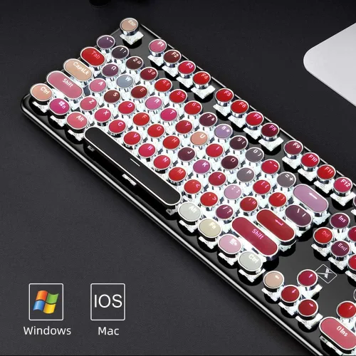 Vista 3 de Corn K520 Teclado mecánico para juegos de lápiz labial Panel de metal redondo retro retroiluminado 104 teclas USB con cable interruptor azul