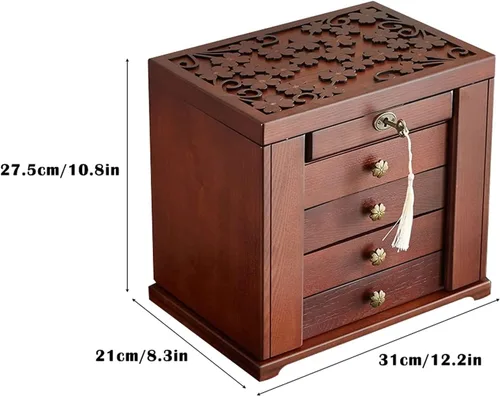 Vista 2 de Joyero de 5 niveles de gran capacidad, organizador con espejo de cerradura, contenedor de almacenamiento de joyas de viaje de madera, organizador