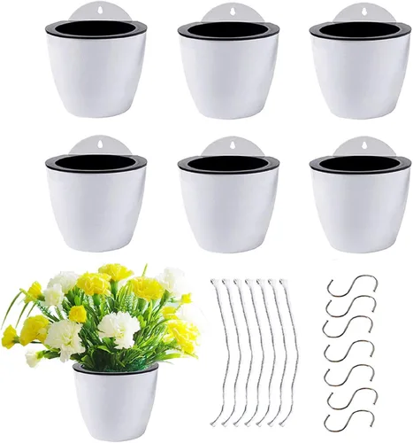 Vista 10 de Paquete de 7 macetas de plástico con riego automático para colgar en la pared, tamaño de 7 pulgadas con 7 ganchos de repuesto para plantas, flores