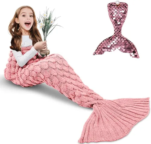 Vista 23 de AmyHomie Manta de cola de sirena, manta suave para niños, saco de dormir de sirena de ganchillo, regalo de sirena para niñas