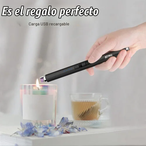 Vista 2 de Encendedor de velas recargable por USB, encendedor de arco electrónico, resistente al viento, sin llama, con botón de seguridad para camping Negro