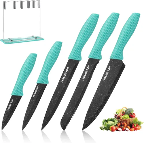 Vista 8 de HAUSHOF Juego de cuchillos de cocina, 5 piezas con bloque de acrílico, juego de cuchillos negros con revestimiento de teflón para la cocina, juego