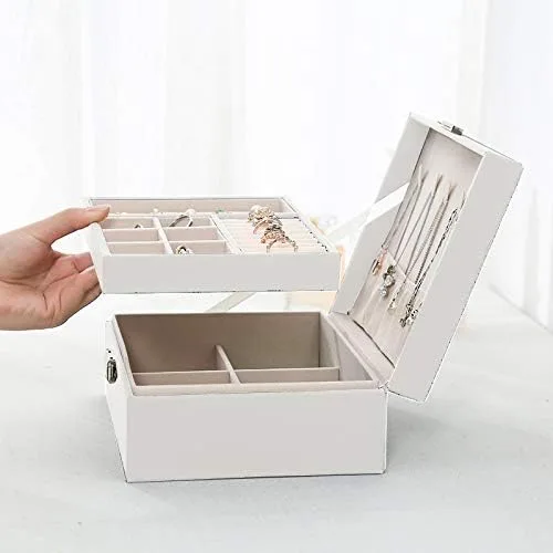 Vista 5 de ProttyLife Joyeros para mujer, 2 capas grandes, organizador de joyas para mujer, organizador grande con cerradura para joyería, soporte para aretes