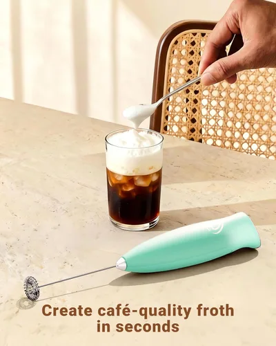 Vista 8 de Espumador de leche de mano, mezclador de bebidas, agitador de café de mano, espumador eléctrico para mezclador de café, varita con 2 batidores