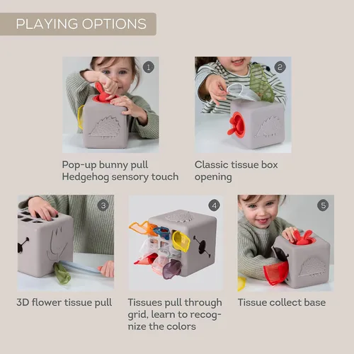 Vista 5 de Taf Toys Caja de pañuelos para bebé con conejito emergente - Actividad sensorial Montessori con 10 pañuelos de tela para el desarrollo motor fino