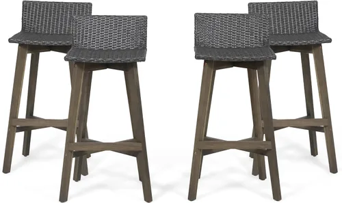 Vista 9 de GDFStudio Taburetes de bar de madera y mimbre para exteriores (juego de 4), marrón claro y teca