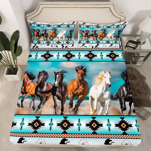 Vista 63 de Juego de ropa de cama de estilo bohemio occidental, tamaño individual, diseño de vaca atrapasueños, sábana bajera ajustable del suroeste, tribu