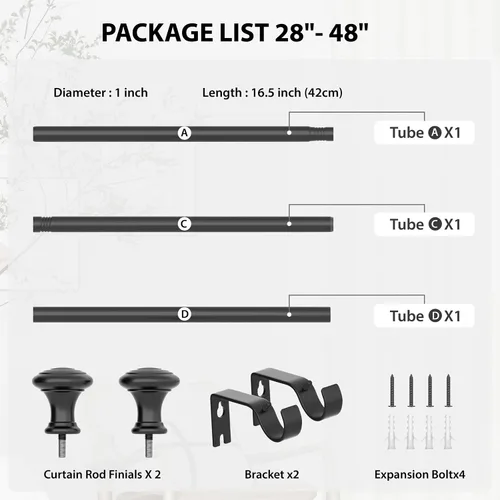Vista 4 de Barra de cortina de pared de metal negro, 28"-48", 3/4" de diámetro, resistente, longitud ajustable, remates de diseño moderno