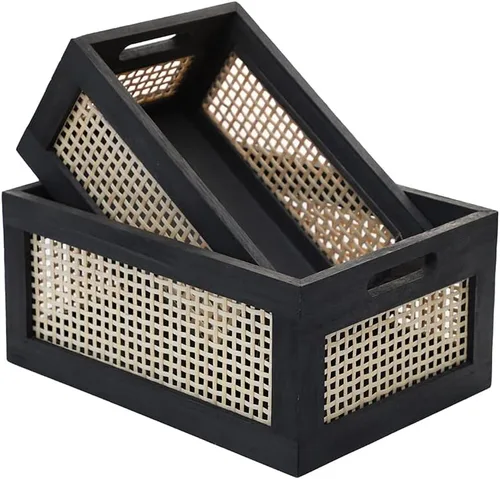 Vista 8 de Cesta de madera negra, cesta de almacenamiento de ratán para organizar, 14.96 x 11.02 x 6.30 pulgadas Negro