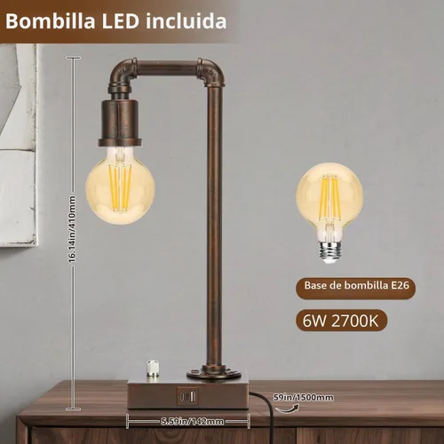 Vista 5 de Lámpara de mesa industrial para dormitorio, lámpara de noche completamente regulable con puertos USB C+A, lámpara vintage con diseño de tubo