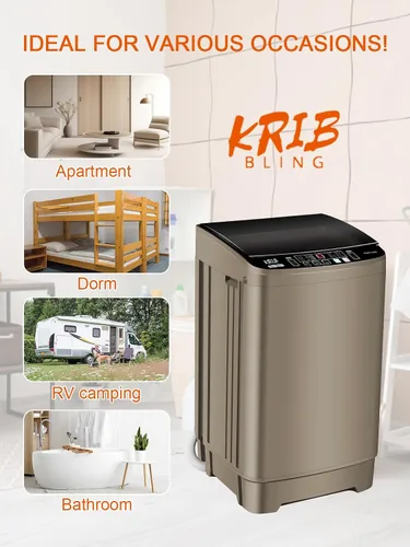 Vista 2 de KRIB BLING Bomba de drenaje portátil de 17.7 libras, lavadora completamente automática con pantalla LED, 10 programas y 8 niveles de agua Dorado