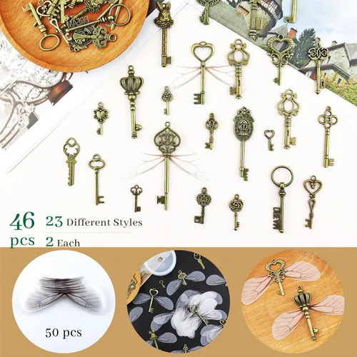 Vista 3 de 46 piezas de llaves de esqueleto vintage con 50 pares de alas de libélula y cuerda elástica de cristal de 30 yardas para hacer joyas, bodas