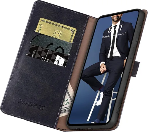 Vista 5 de SUANPOT Funda tipo cartera para Samsung Galaxy S21 FE 【Bloqueo RFID】 Soporte para tarjetas de crédito, funda de piel sintética con tapa para Negro