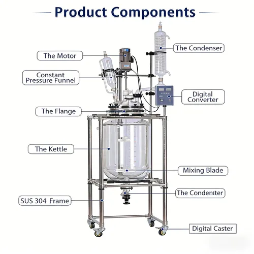 Vista 2 de HNZXIB Premium Lab - Reactor de vidrio con doble camisa 100L, 0-600 rpm (máximo 1300 rpm), agitación variable, par de 105.82 oz/cm, soporte