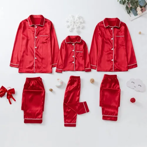 Vista 5 de BNisBM Pijamas de Navidad para la familia, de seda de color sólido, conjuntos a juego, camisas de manga larga, pantalones, ropa de descanso informal