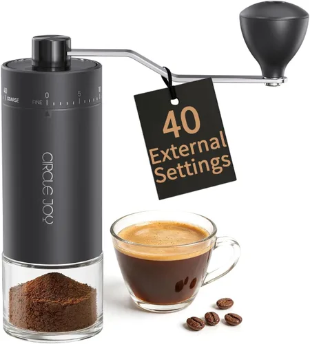Vista 9 de CIRCLE JOY Mini molinillo de café manual con 40 ajustes externos ajustables y rebabas cónicas de cerámica, molinillo de café portátil de acero
