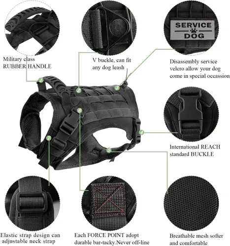 Vista 5 de Arnés táctico para perro con bolsas de entrenamiento militar K9 al aire libre, chaleco táctico desmontable para medicina y bolsas de agua, 3 parches