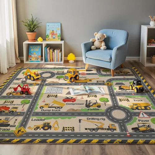 Vista 13 de Alfombra de Juego Redonda de 3.3 pies para Niños con Carreteras de la Ciudad - Alfombra de Lana Sintética Antideslizante con Diseño Interactivo