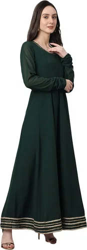 Vista 6 de Janasya Botella de mujer india verde Georgette sólido Kurta con Dupatta