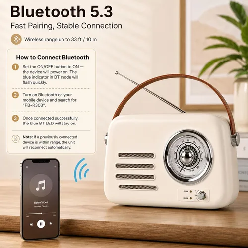 Vista 3 de Altavoz Bluetooth vintage con radio FM, caja de auge inalámbrica portátil, más de 20 horas de duración de la batería, radio retro