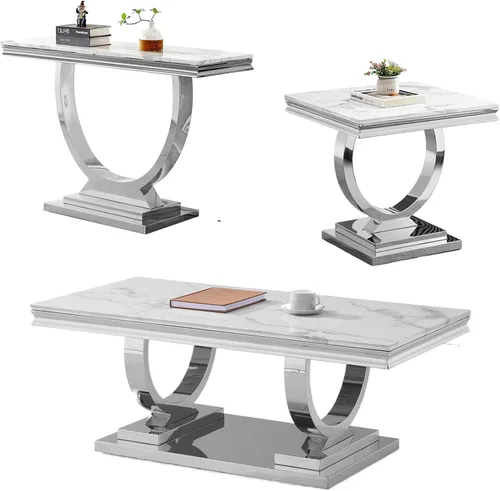 Vista 18 de Juego de 2 mesas de café de mármol, juego de mesa de sala de estar de 2 piezas que incluye 1 mesa auxiliar y 1 mesa auxiliar, moderna mesa de centro