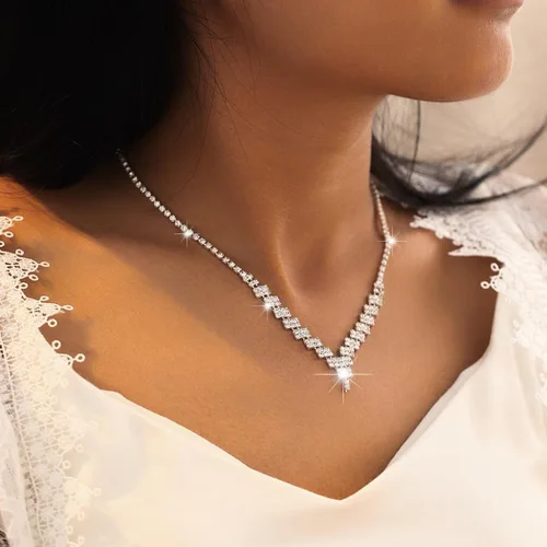 Vista 2 de JAKAWIN Rhinestone novia boda joyería conjunto plata cristal collar pendiente conjunto brillante joyería nupcial para las mujeres (paquete de 3)