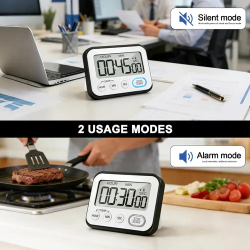 Vista 3 de Temporizador de cocina digital magnético con alarma potente, pantalla LCD grande silenciosa/con pitido, multifunción para maestros, aula, niños
