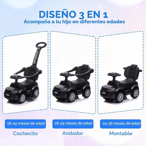 Vista 3 de Aosom Coches de empuje 3 en 1 para niños pequeños de 18 a 36 meses, color Negro