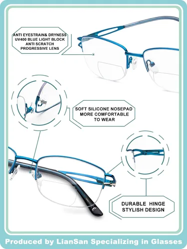 Vista 6 de LianSan Metal Bifocal Reading Glasses for Women,Stylish Half Rim Zero Top Blue Light Blocking Computer Reader