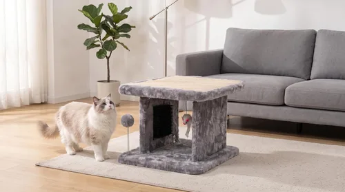 Vista 8 de Cama grande para gatos con poste rascador y tabla de peinar, resistente y duradera, ideal para razas pequeñas Large plush cat tunnel with a